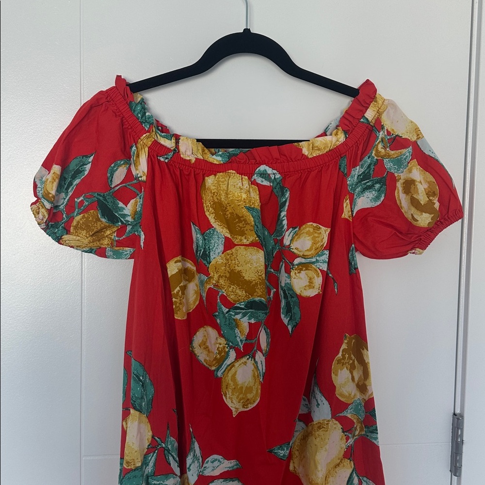Flying Tomato Lemon Print Off Shoulder Midi Dress Puff Sleeve Red Tropical M - Picture 7 of 7